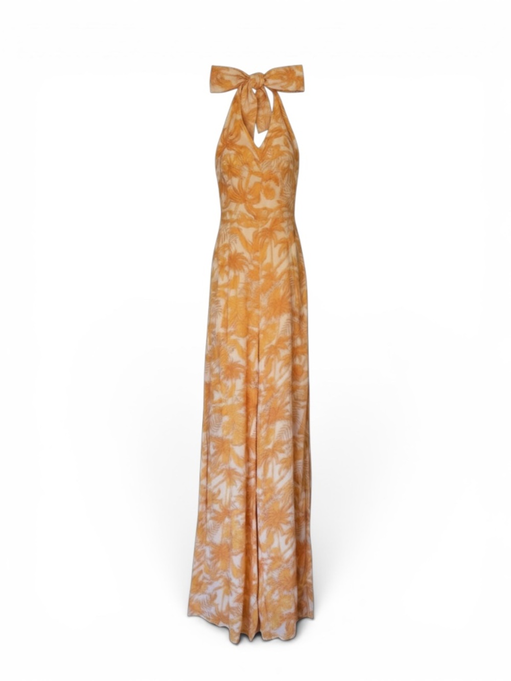 Storia Tropical Palm Leaf Halter Wide-Leg Jumpsuit | M